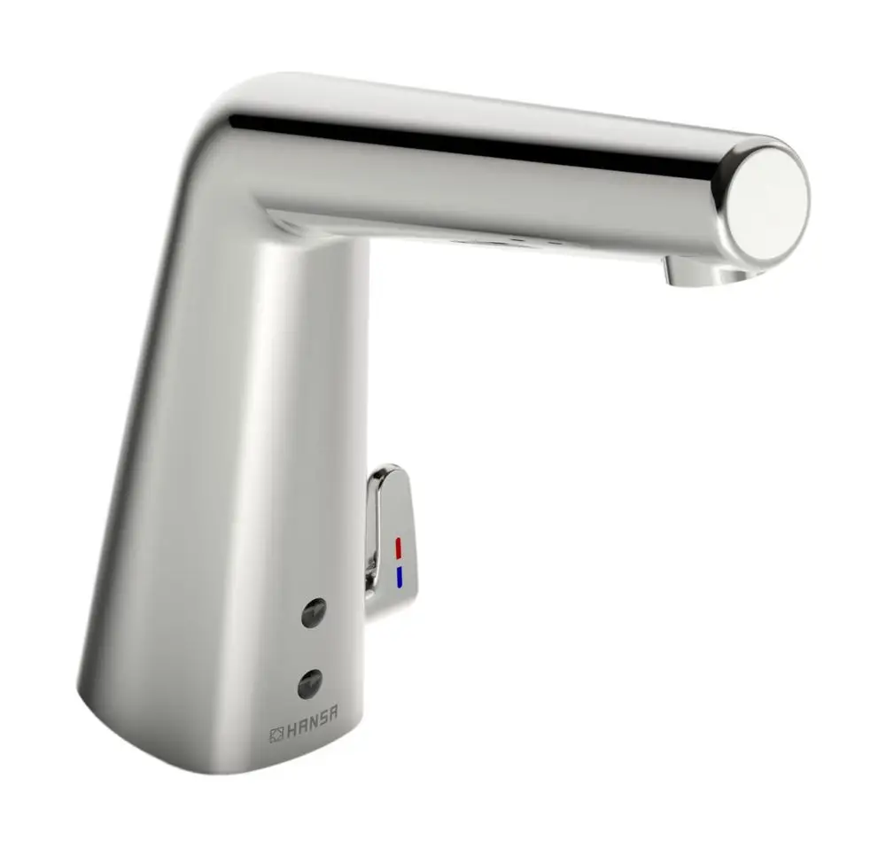 Ein Chrome-Waschtischarmatur von HANSA mit einem modernen Design und einem seitlichen Bedienhebel zur Steuerung der Wassertemperatur und -menge.